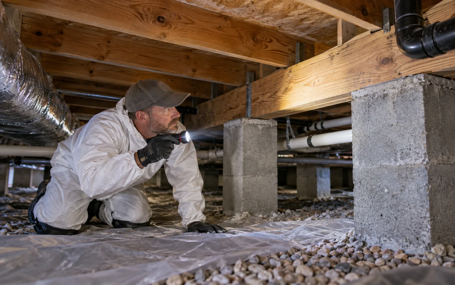 Inspector checking foundation and framing in a crawlspace