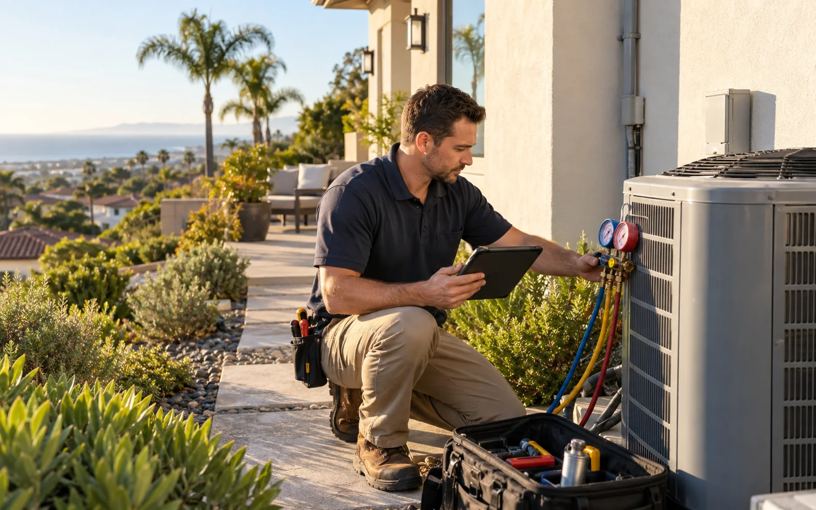 Inspector evaluating an exterior HVAC system